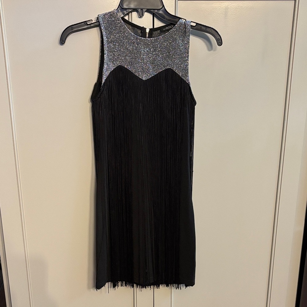 The Vintage Shop Black and Silver Fringe Dress Flapper! Sz sm
